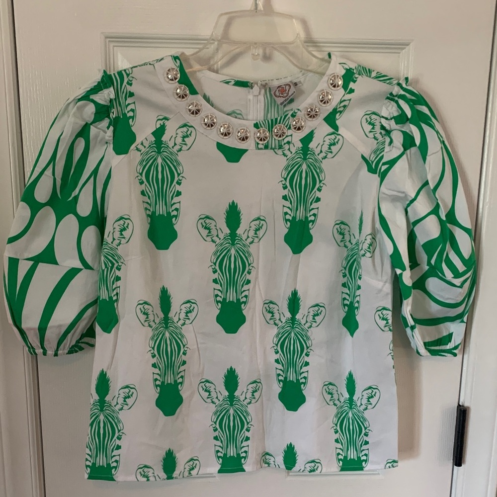 Women’s Sheridan French Cotton Blend Blouse White & Green w/Zebra Design Sz. S